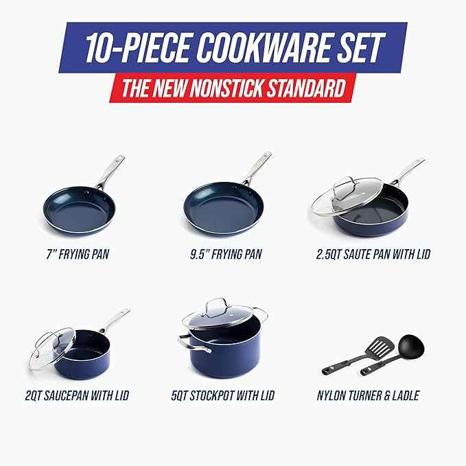 Blue Diamond 10 Piece Nonstick Cookware Set, Diamond Ceramic Pots & Pans, Dishwasher & Metal Utensil Safe, Non Toxic PFAS-Free, Kitchen Cooking Sauce & Saute Pans, Oven & Broiler to 600F, Blue
