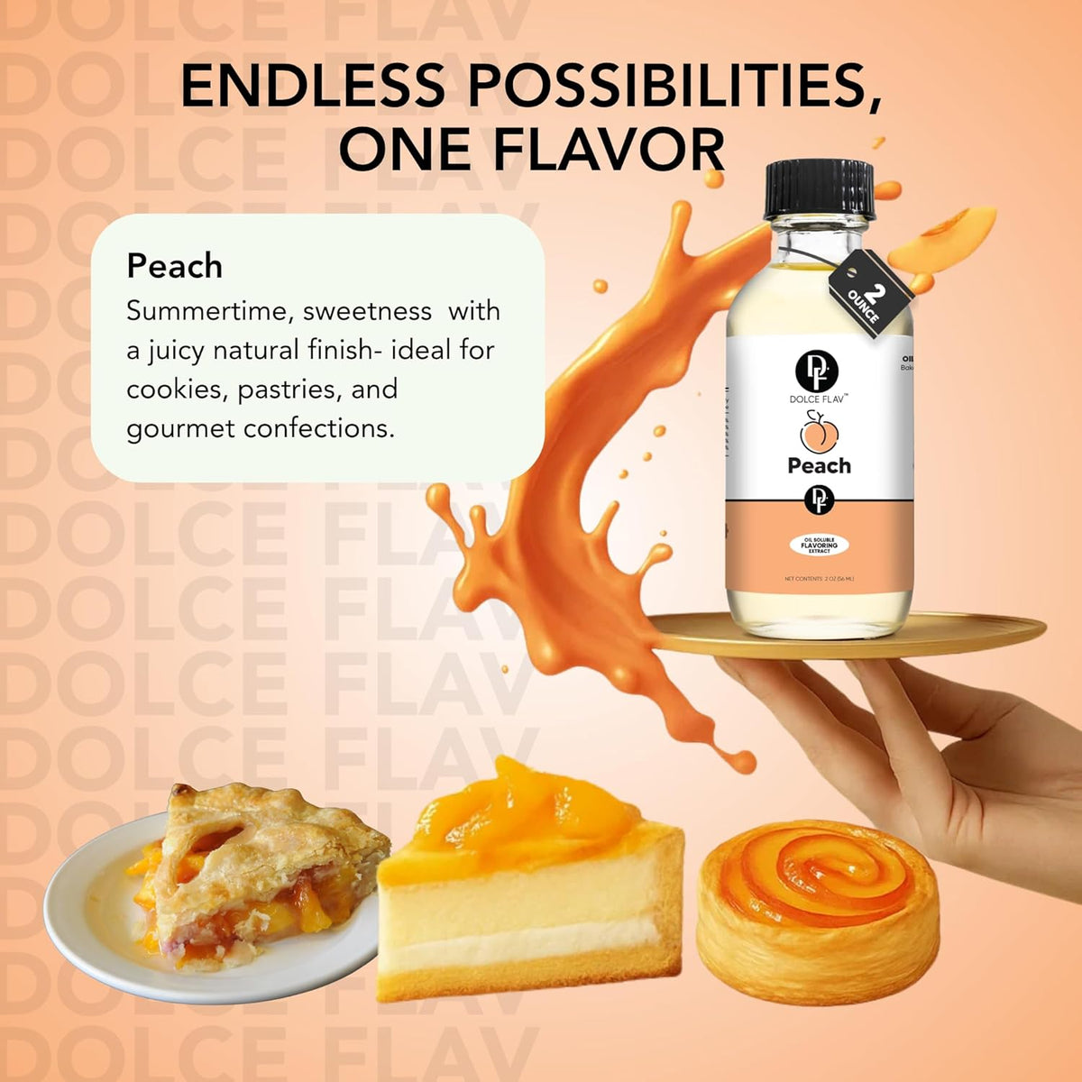 Dolce Flav Peach Extract (Oil-Soluble) 8 oz – Kosher, Sugar-Free, Concentrated Juicy Peach Flavoring for Baking, Chocolates & Desserts, Includes Measured Dropper