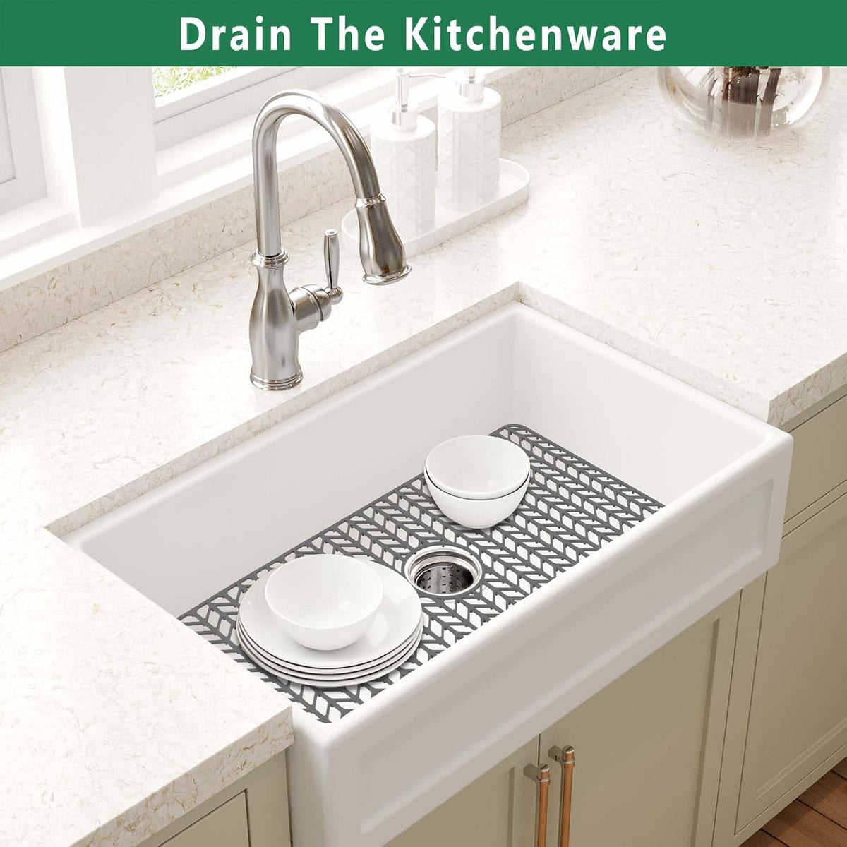 GUUKIN Sink Protectors for Kitchen Mat - 30"x 16" Silicone Kitchen Sink Mat Grid for Bottom of Farmhouse Stainless Steel Porcelain with Center Drain（Grey）