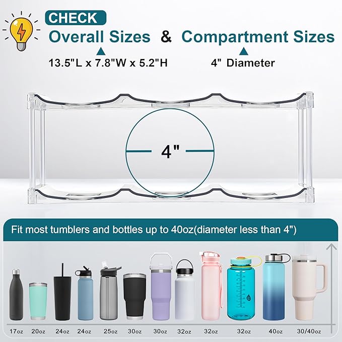 LARGER Compartment - Stackable Water Bottle Organizer Holder - for Stanley & Others' Large Tumbler - Clear Wine Rack, Cup Bottle Holder for Cabinet Home Countertop Fridge Pantry Shelf, 3 Tier Hold 9