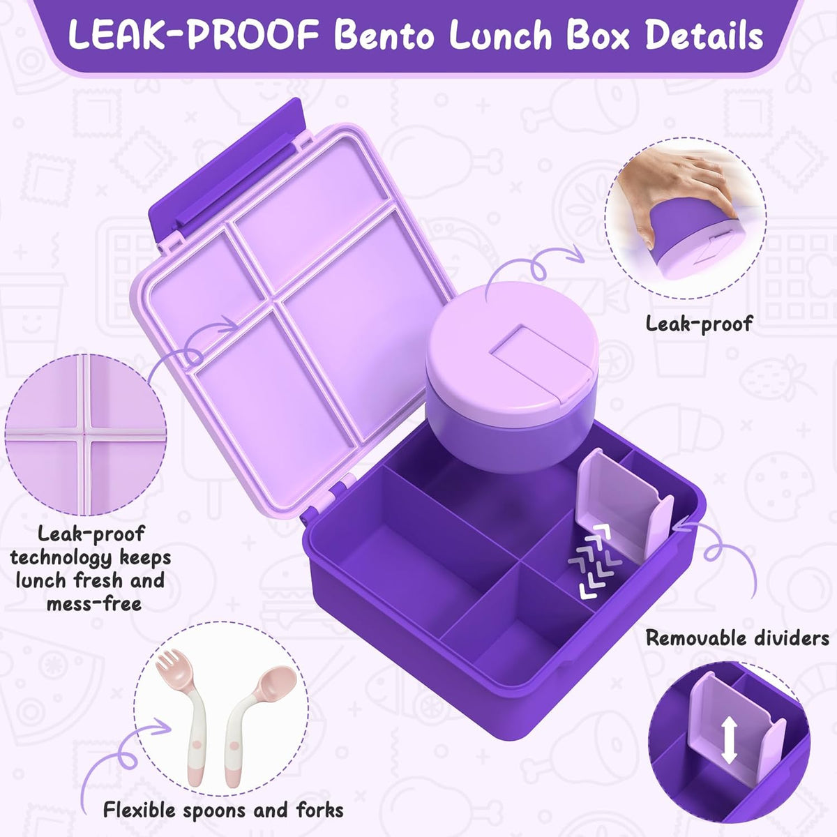 Bento Lunch Box with 8oz Soup Thermo, Leak-Proof Lunch Containers with 4 Compartment, Thermo Hot Food Jar and Insulated Lunch Box for School Purple