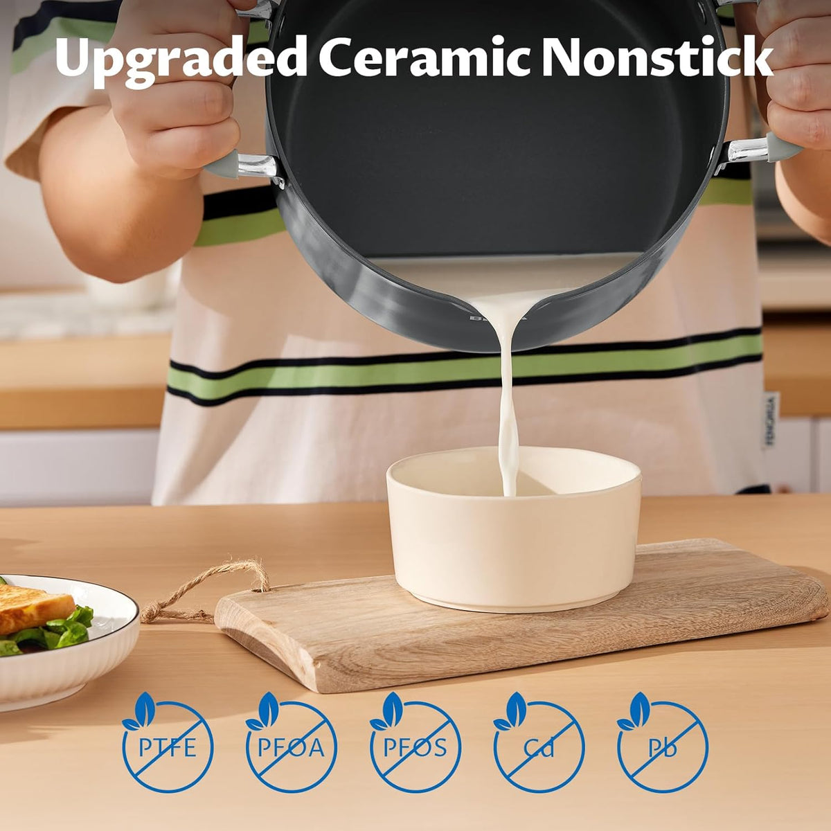 BEZIA 6 QT Cooking Pots with Lids, Soup Pot with Nonstick Ceramic Coating, Stay-Cool Handles, Nonstick Stock Pot with Strainer Lid, Dishwasher Safe, Induction Compatible