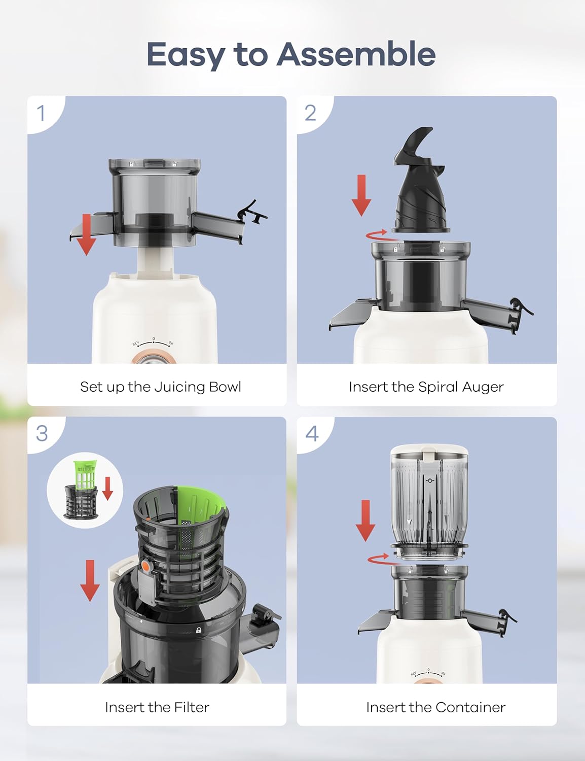 Ganiza Juicer Machines, Cold Press Juicer with 4.3" Large Feed Chute for Whole Fruits & Vegetables, Slow Masticating juicers with 3 Replace Filters for Batch Juicing, Easy to Clean, BPA Free (White)