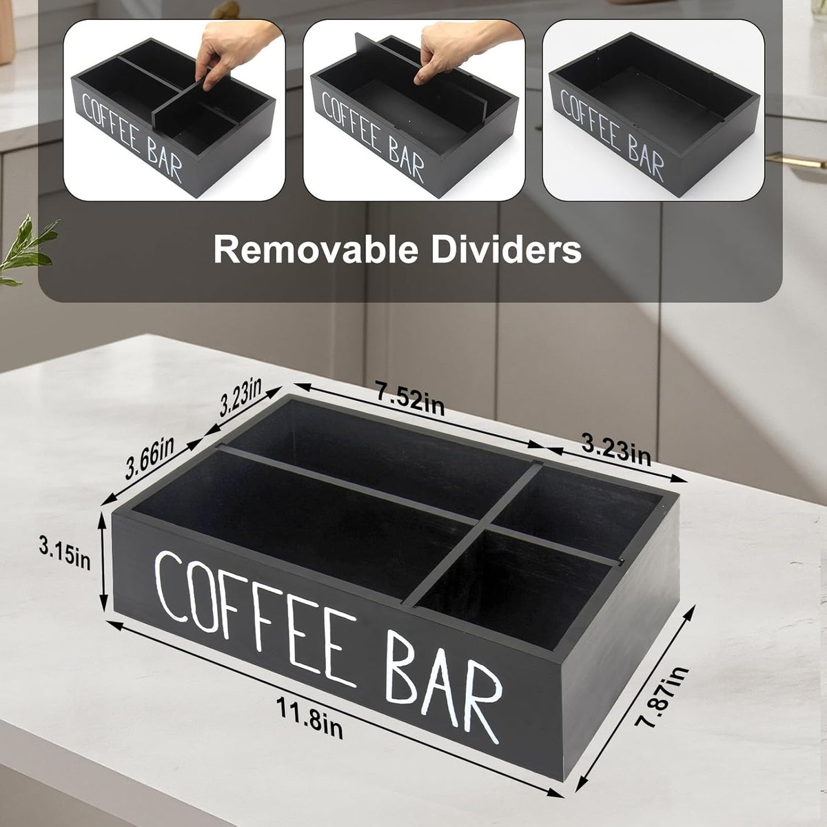Coffee Station Organizer with Removable Dividers Disposable Cup Holder Wooden Countertop Organizer for Tea Condiment Accessories Storage Farmhouse Bar Decor Black (Black)