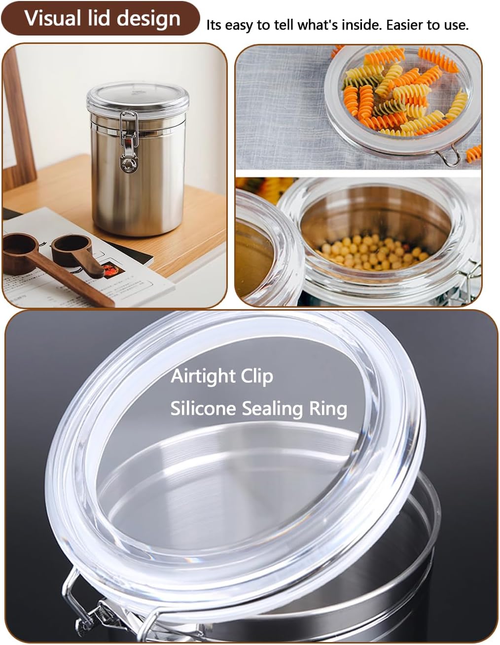 Stainless Steel Food Container with Clear Lids Airtight Storage Container Stackable Small Canisters Kitchen Pantry Storage for Cereal, Snacks, Candy, Herbs, Spices, Sugar, Tea (Silver)
