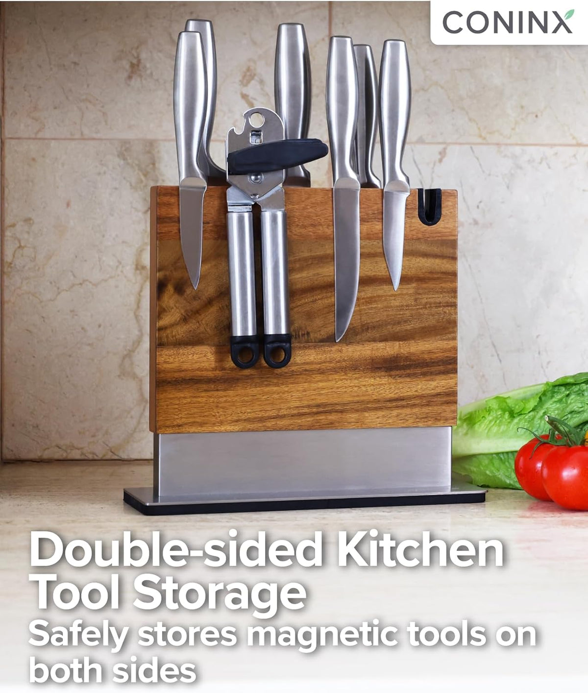 Coninx Magnetic Knife Block with Integrated Sharpener - Double Sided Walnut Wood Knife Holder - Universal Knife Stand with Non-Slip Base for Kitchen Countertop