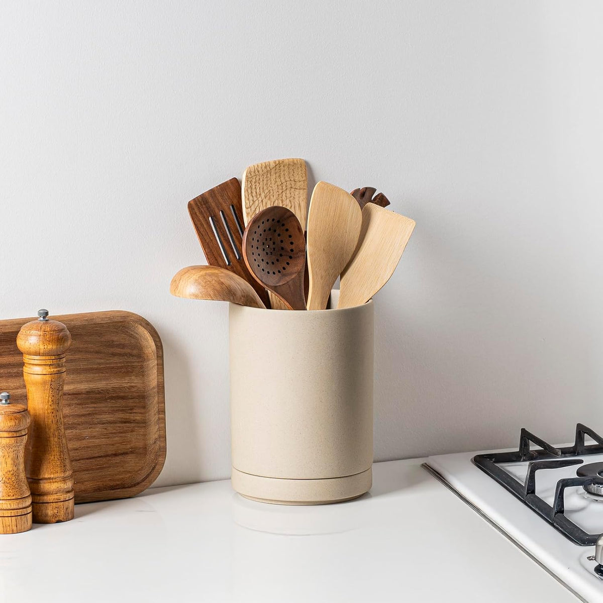 Utensil Holder, 7.3" Ceramic 2-in-1 Utensil Holder Set with Base for Countertop, Cooking Utensil Crocks for Kitchen Counter, Organizer for Spatulas & Spoons, Farmhouse Decor, Pottery Clay