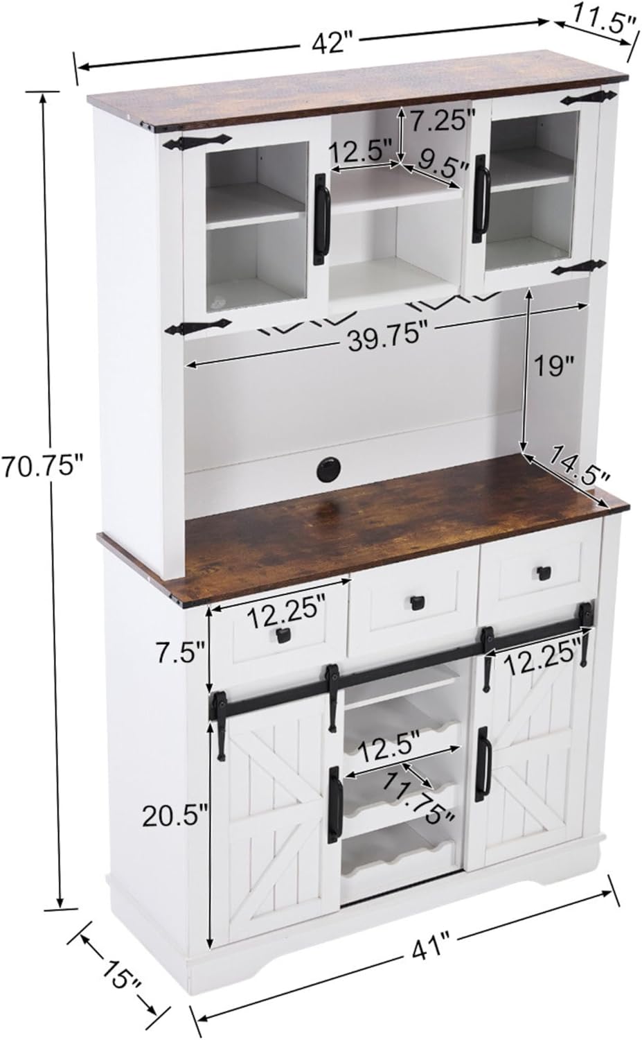 Coffee Bar Cabinet with Sliding Barn Doors 71'' Farmhouse Pantry Cabinet with Drawers & Wine Glass Rack Rustic Buffet Cabinet for Kitchen, White and Brown