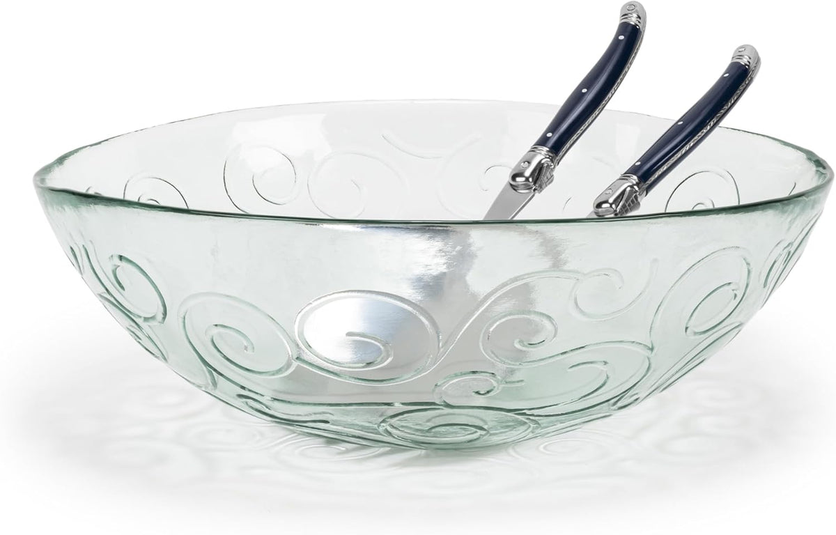 French Home Recycled Glass Celebration Salad Bowl Set – Salad Bowls with Laguiole Navy Handle Salad Servers – Elegant Kitchen Set for Your Hosting Essentials