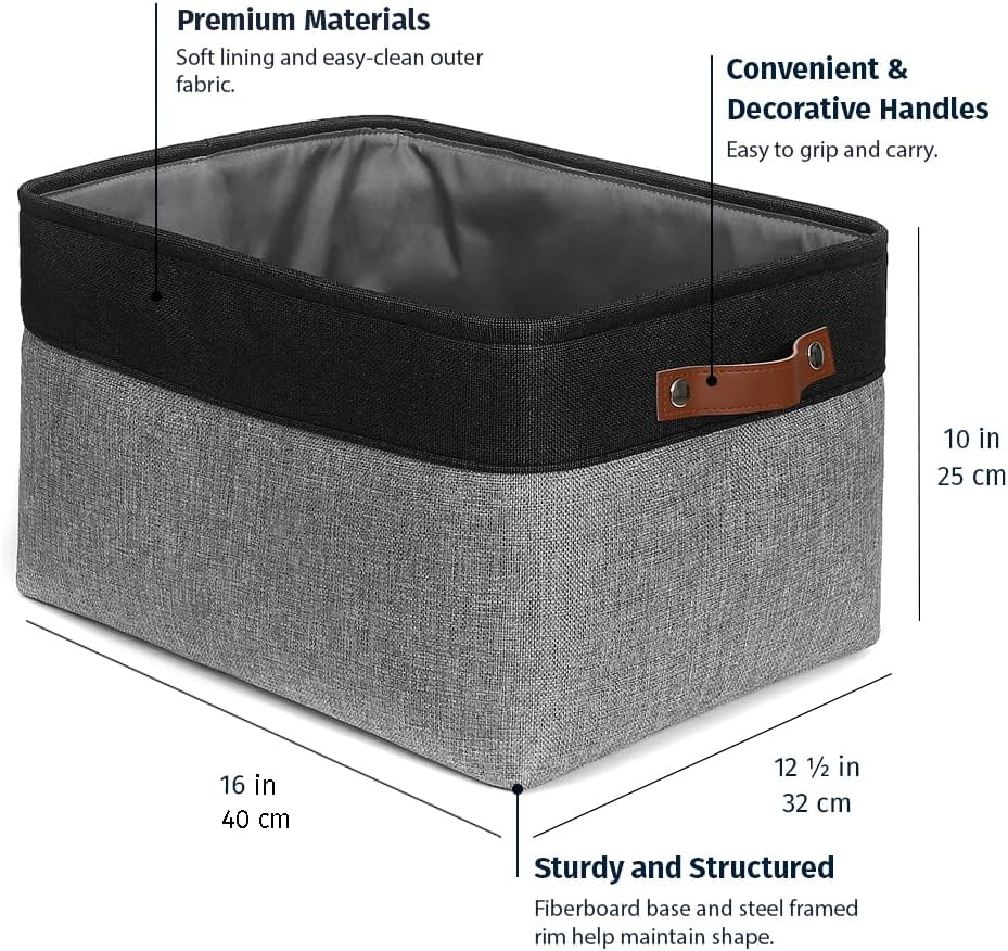 OrganiHaus Extra Large Fabric Storage Bins for Shelves 16x13in, Closet Storage Baskets for Shelf Organizing, Canvas Rectangle Bins for Organization, Linnen Baskets for Organizing - Gray/Black