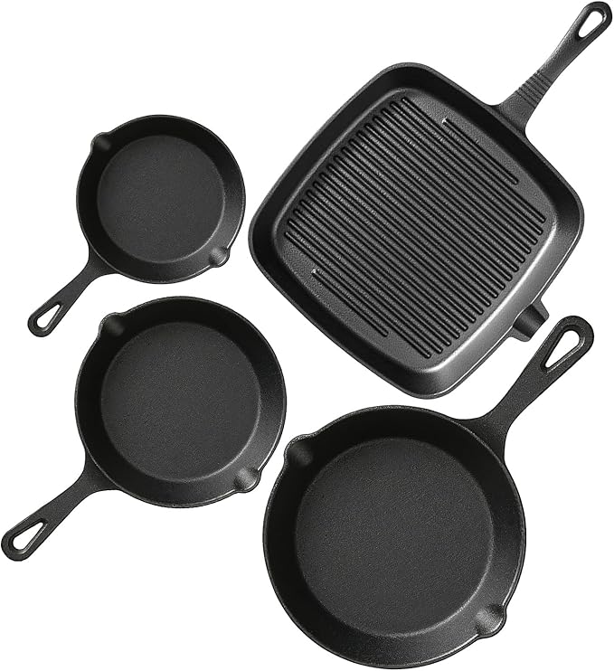 Pre-Seasoned Cast Iron skillets,4 Piece Durable Pots and Pans Set with Handle Covers for Grill, BBQ, Camping Fire, Stovetop, Kitchen and Camping Cookware