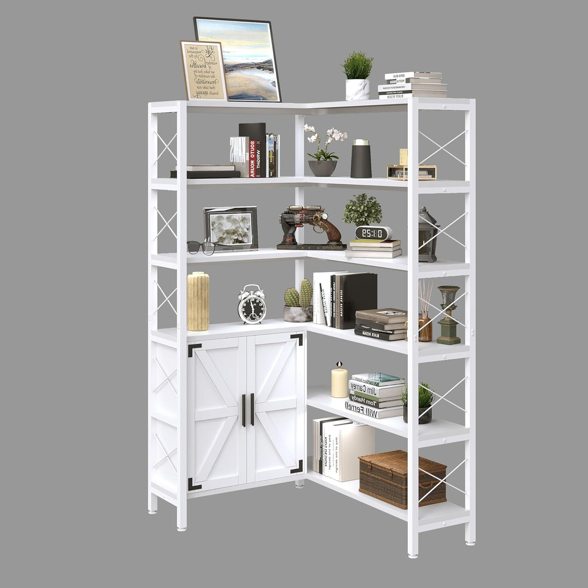 Corner Bookshelves 6 Tier, Farmhouse Wooden Bookcases for Corner, L Shaped Etagere Bookshelf with Storage for Living Room Home Office