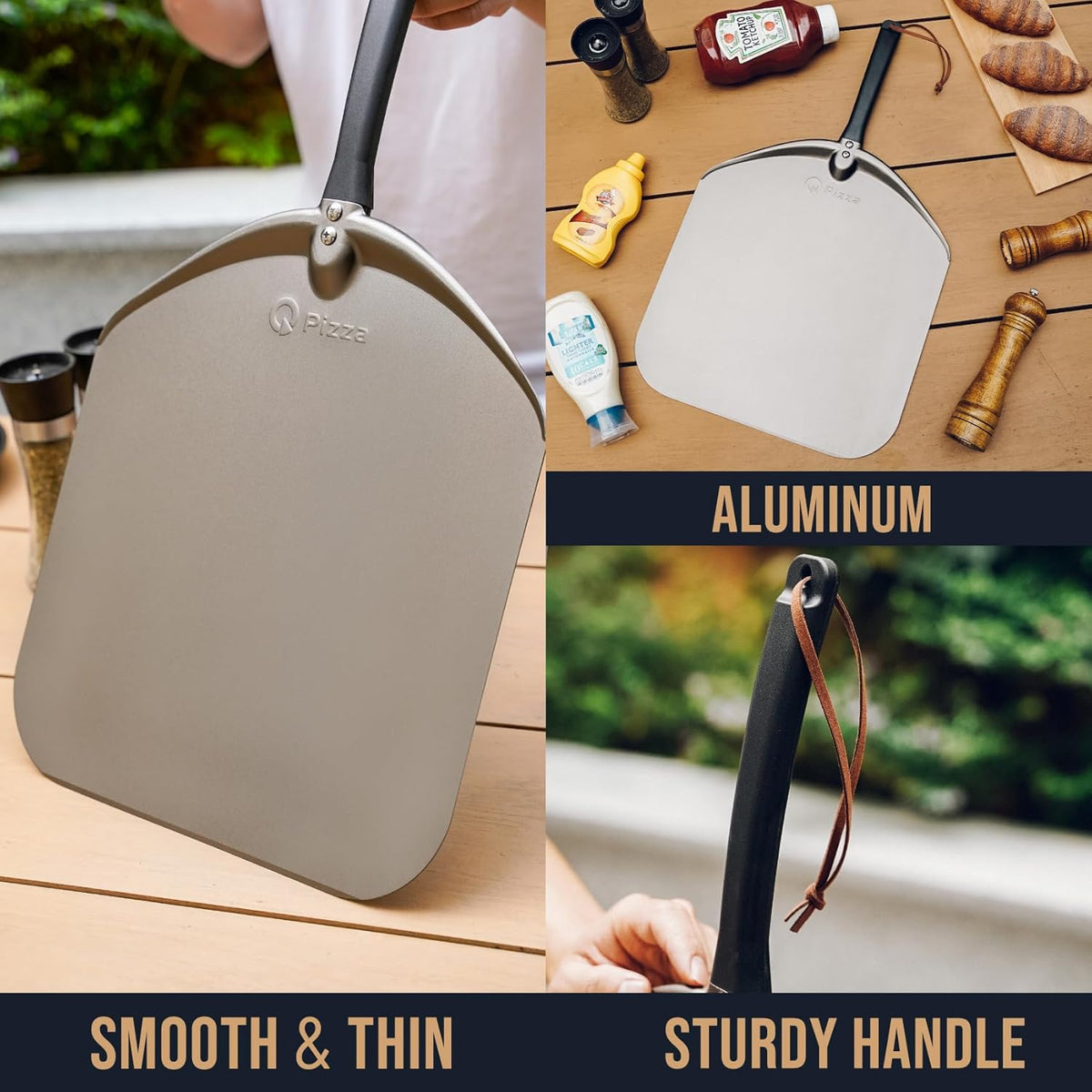 Q Pizza Aluminium Pizza Peel 14 inch, Extra Large Metal Pizza Turning Paddle, Non-stick Pizza Spatula for ooni Grill Oven Baking Bread Pastry Dough Pie Cake, PT205