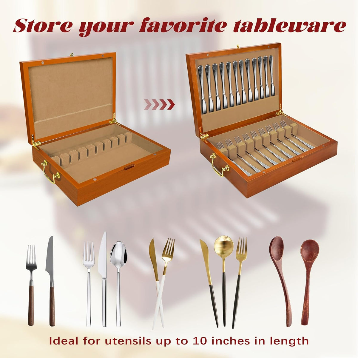 Silverware Storage Box Solid Wood with Lid, Silverware Organizer with Handle and Felt Lined, Silverware Storage Chest for Flatware and Utensils Home Decor Gift, Chest for Flatware Setting Up 15