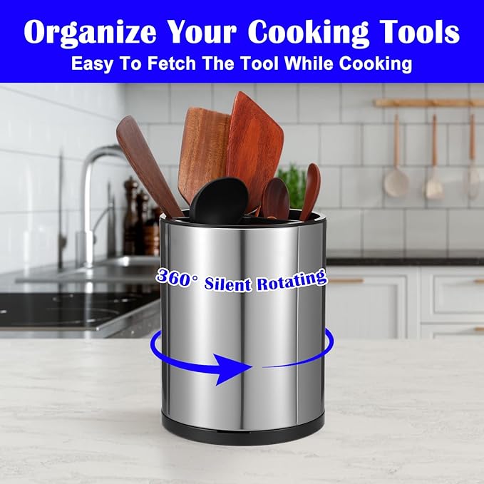 2 Pcs Kitchen Utensil Holder Set, 360° Rotating Stainless Steel Large Cooking Utensil Holder for Kitchen Counter with Removable Base, 3 Compartment Flatware Caddy for Knife Spoon Fork Spatula Tools