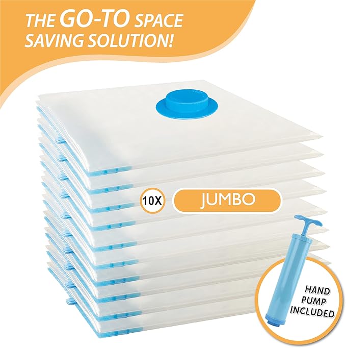 10 Jumbo Vacuum Storage Bags, Space Saver Bags Compression Storage Bags for Comforters and Blankets, Vacuum Sealer Bags for Clothes Storage, Hand Pump Included