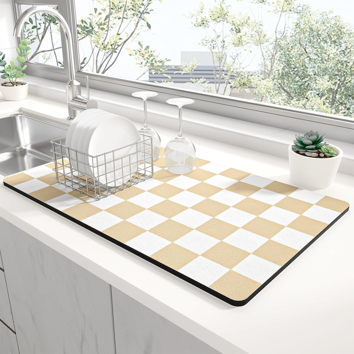 Rnivvi Dish Drying Mat for Kitchen Counter, XL 15 x 24" Cute Checkered Absorbent Draining Pad, Non-Slip Heat Resistant Coffee Bar Mat for Coffee Machine Station Accessories, Beige White Dish Rack Pad