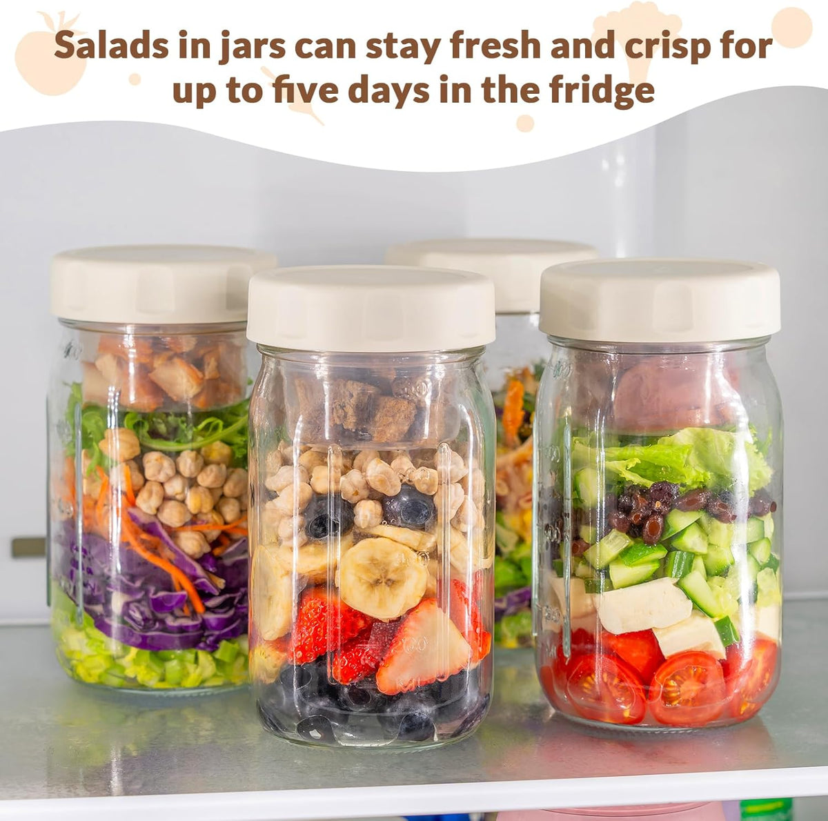 SOLIGT 4 Pack Glass Salad Jars with Lids Meal Prep, Leakproof Container for Lunch, Two Small Built-in Boxes with Wet/Dry Separation for Salad Dressing and Dry Ingredients, 32oz Mason Jars