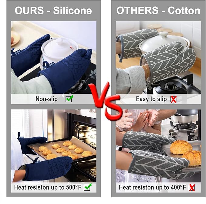 KEGOUU Oven Mitts and Pot Holders 6pcs Set, Kitchen Oven Glove High Heat Resistant 500 Degree Extra Long Oven Mitts and Potholder with Non-Slip Silicone Surface for Cooking(Marine Blue)