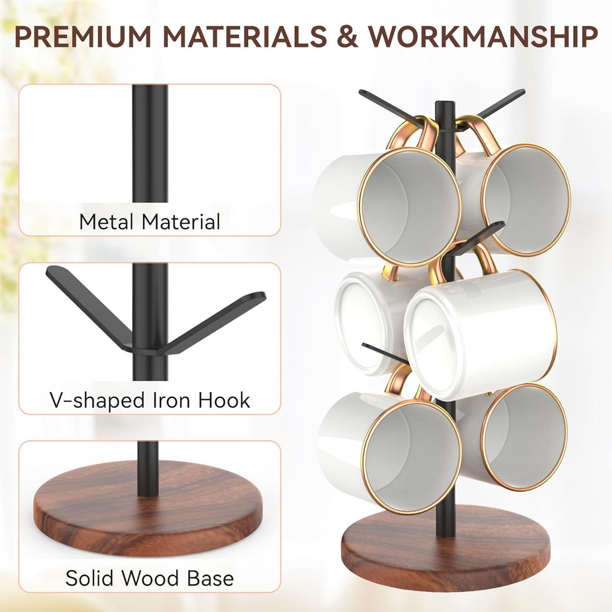 Coffee Mug Tree Holder Countertop, Non-Slip Walnut Wood Mug Rack with 6 Hooks, Coffee Cup Rack for Home Storage and Organizer (Brown)