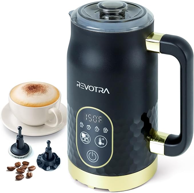 Milk Frother with Touchscreen & Temp Display, 4-in-1 Electric Milk Steamer for Hot & Cold Foam, Adjustable Temperature, Silent Operation, 300ml Non-Stick Frother for Coffee, Latte, Hot Chocolate