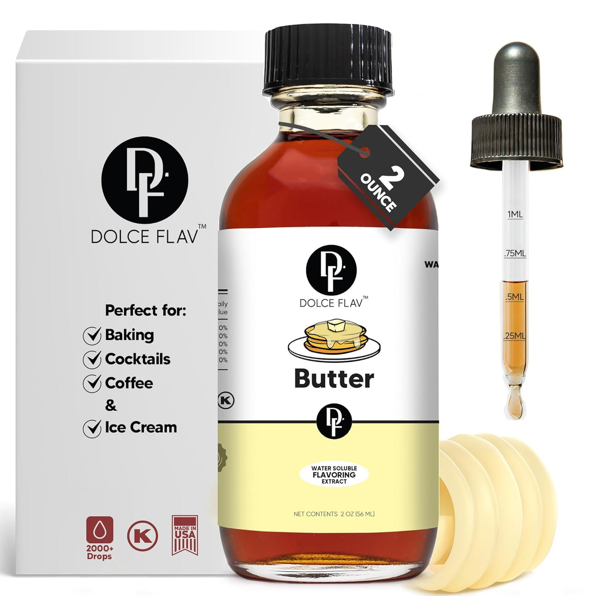 Dolce Flav Butter Extract – 2 Ounce Water-Soluble Kosher, Sugar-Free, Concentrated Imitation Butter Flavor for Baking, Cookies & Frostings, Includes Measured Dropper