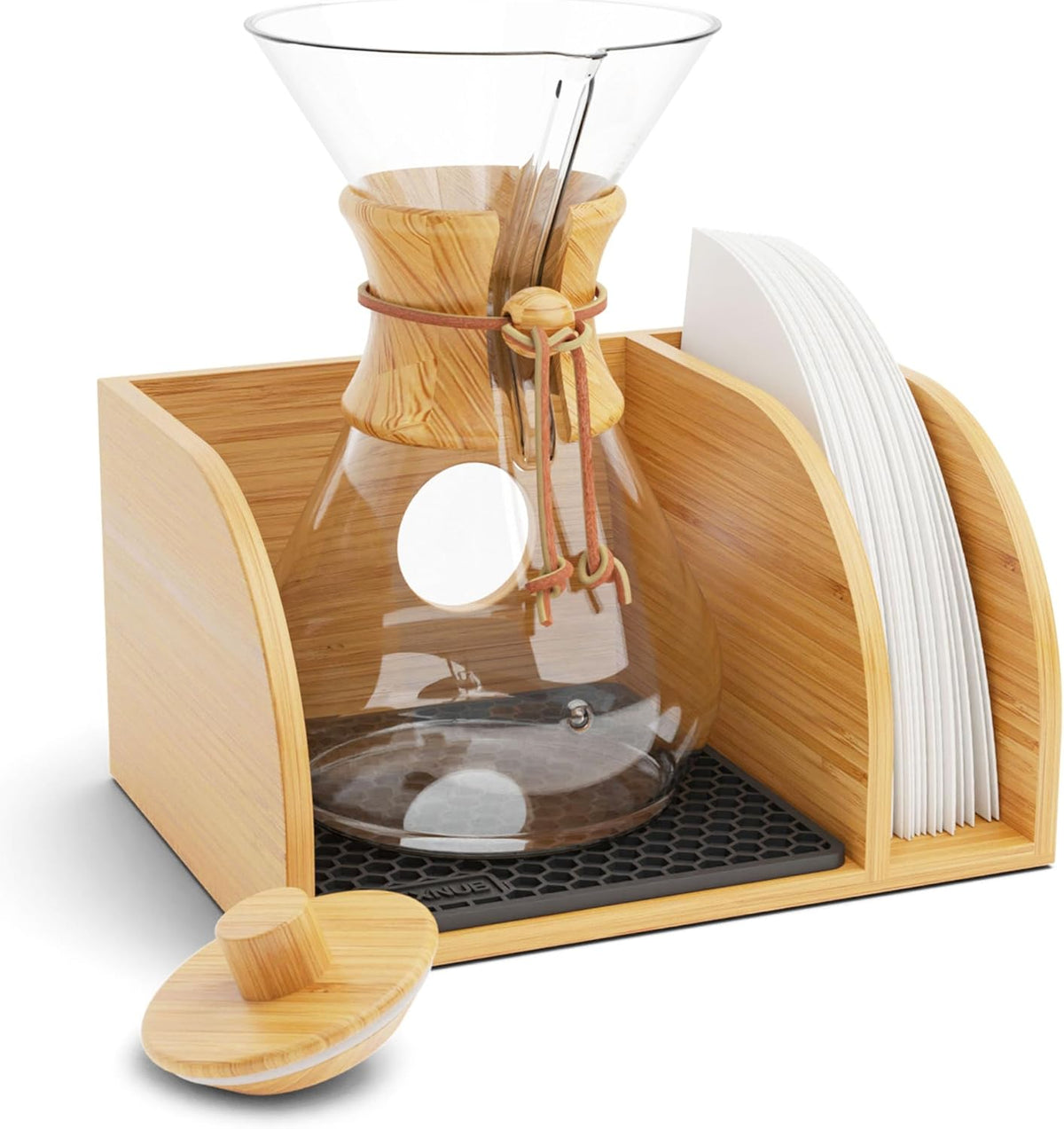 HEXNUB Caddy and Lid for Pour Over Coffee Maker, Bamboo Stand fits Chemex, Bodum, Cosori Coffee Carafes, Heatproof Mat, Filter Holder - Black Mat