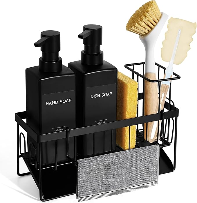 GMISUN Dish Soap Dispenser, 12 fl oz / 350 ml Dual Kitchen Soap Dispensers with Sponge Holder, Customized Matte Black Kitchen Soap Dispenser Set, Modern Hand and Dish Soap Bottle Set Removable