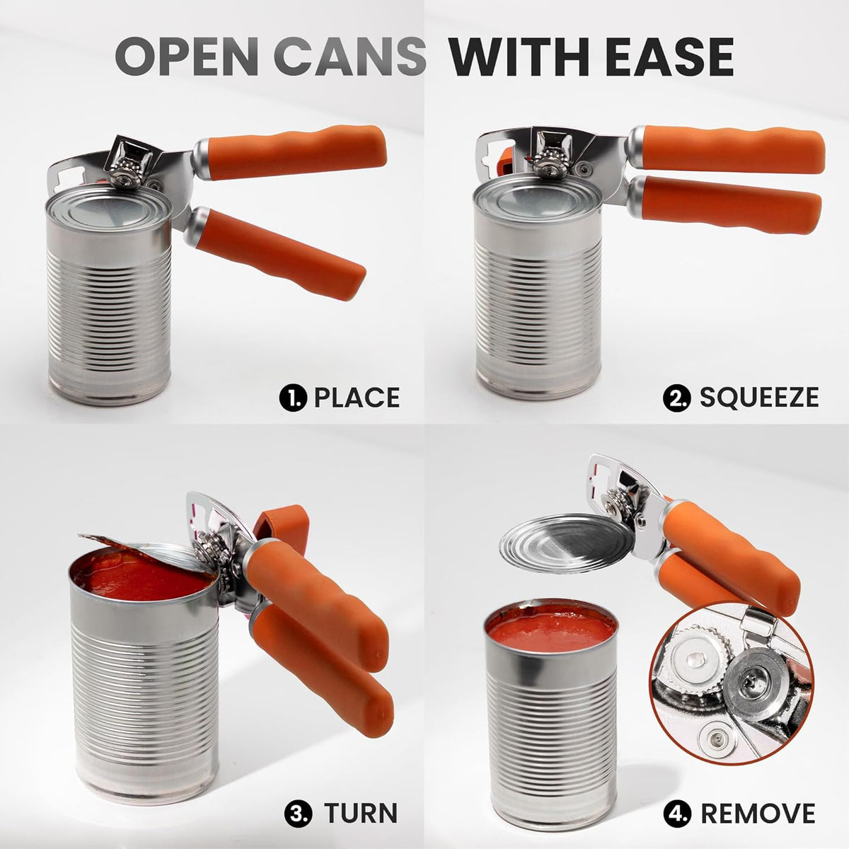 Zulay Kitchen Heavy Duty Stainless Steel Can Opener Manual with Bottle Opener - Rust Proof Manual Can Opener With Turn Knob & Comfy Soft Grip Handles - Orange