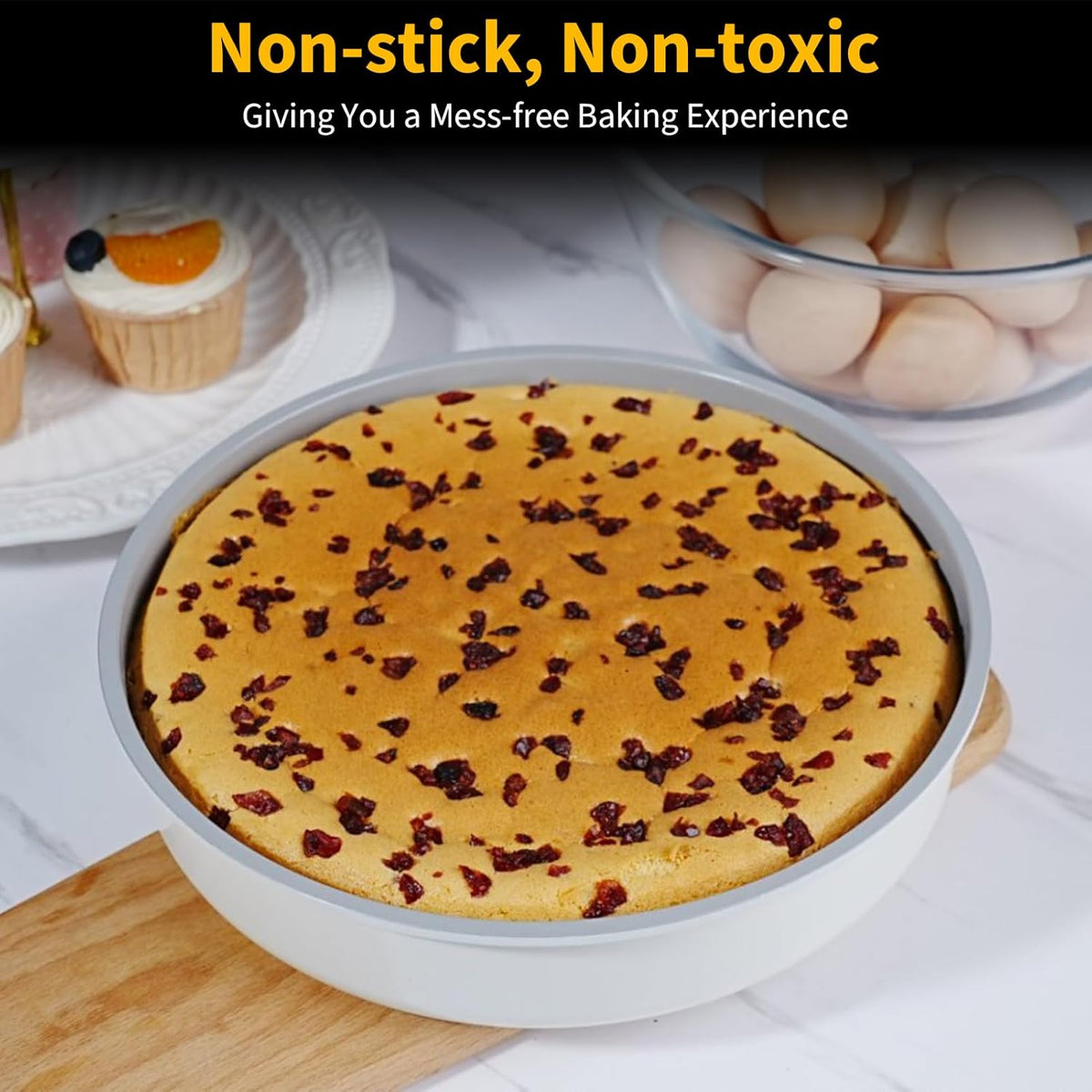 9.5 Inch Round Cake Pan Set of 2,Cast Aluminum Bakeware Ceramic Nonstick Oven and Dishwasher Safe(Beige)
