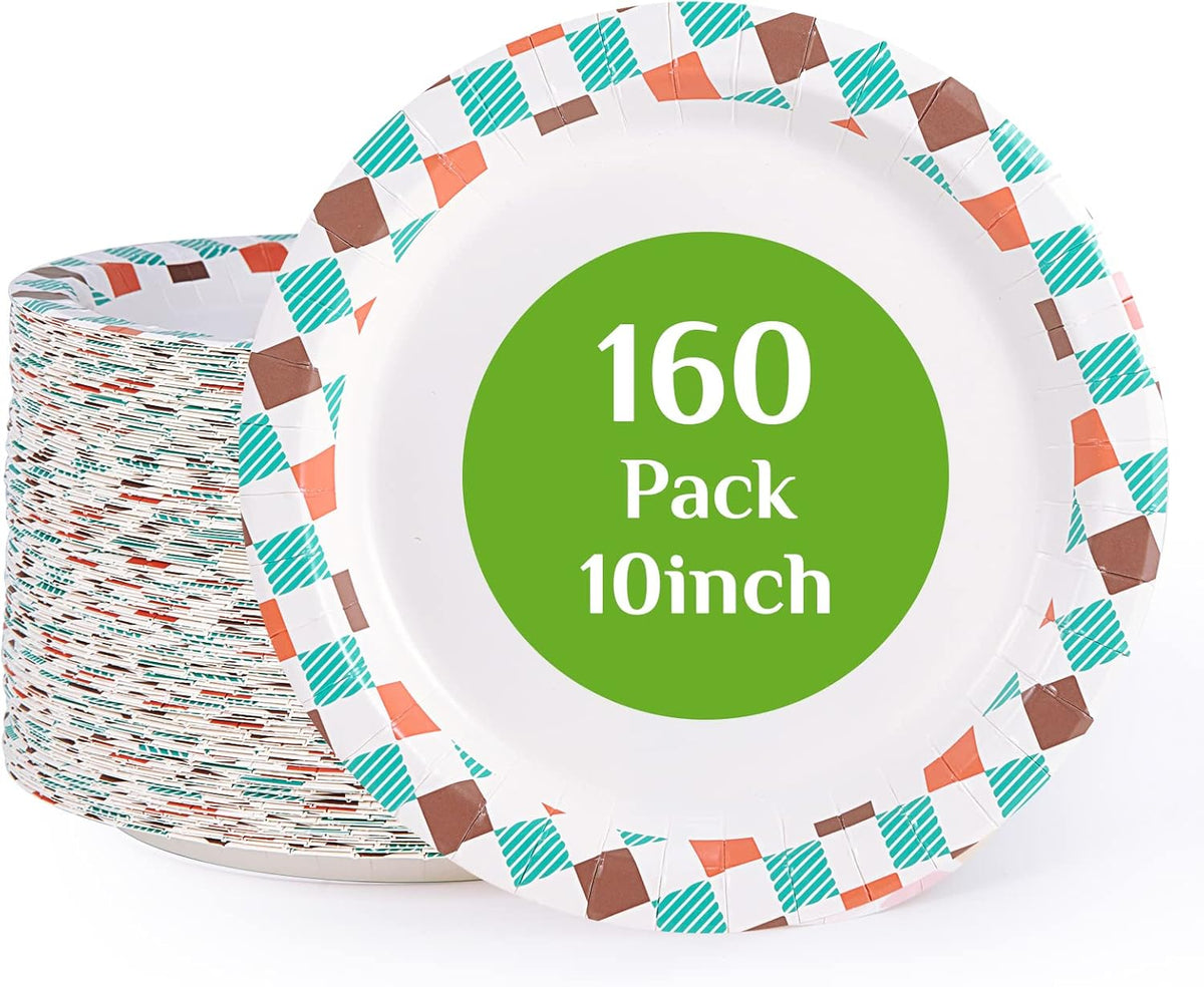 FOCUSLINE 10 inch Paper Plates, Disposable Paper Plates 10 inch Bulk 160 Count, Soak-Proof & Cut-Proof Bulk Plate for Parties, Picnic and Family Gatherings.
