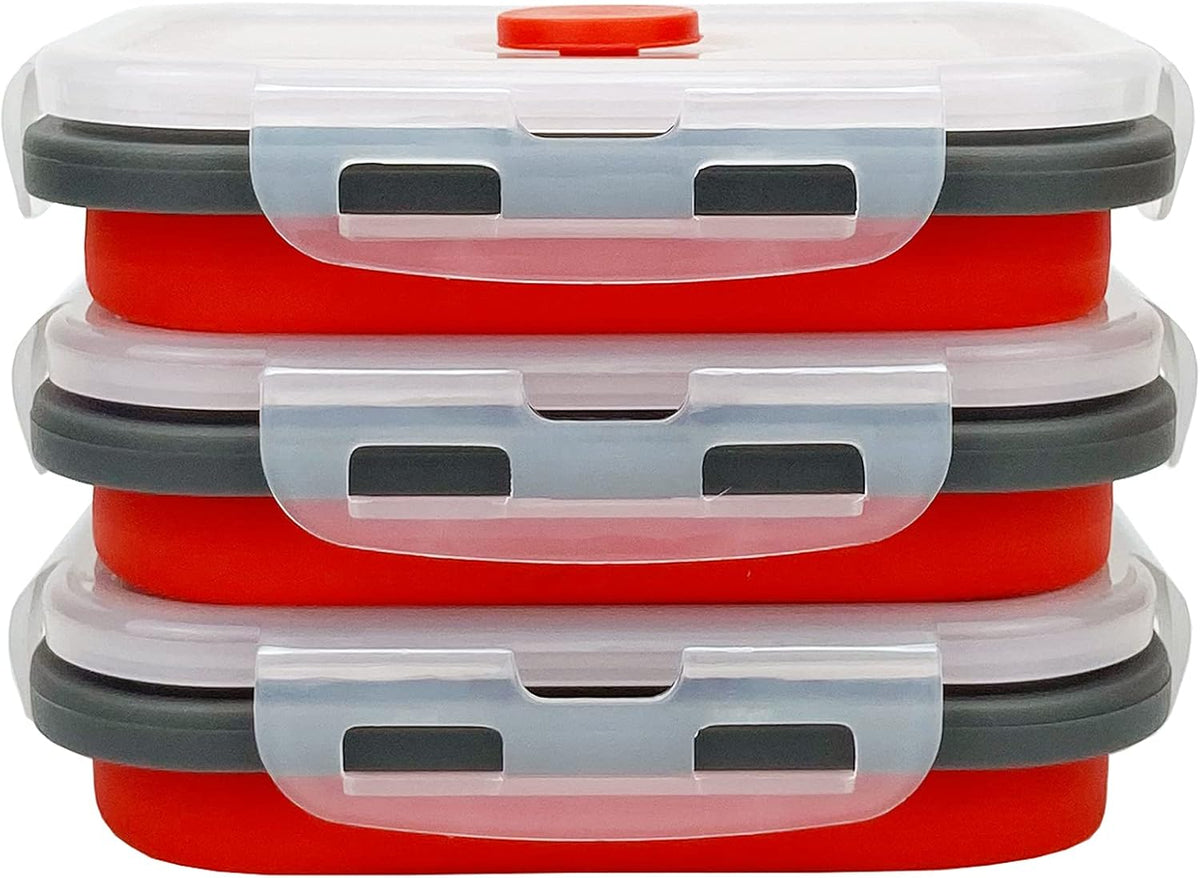 CCyanzi 3piece Collapsible Food Storage Containers with Lids, Silicone Lunch Container, Microwave & Freezer Safe, Space Saving for Kitchen Cabinet and Camping Backpack,(red gray)