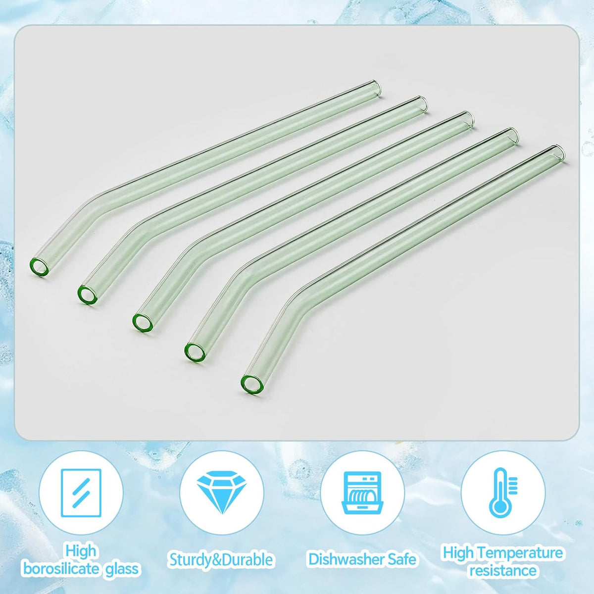 12 Pcs Reusable Glass Straws 8"x 8 mm Bent Glass Drinking Straws with Cleaning Brush for Tea, Smoothies, Milkshakes, Juices,Beverages(aqua)