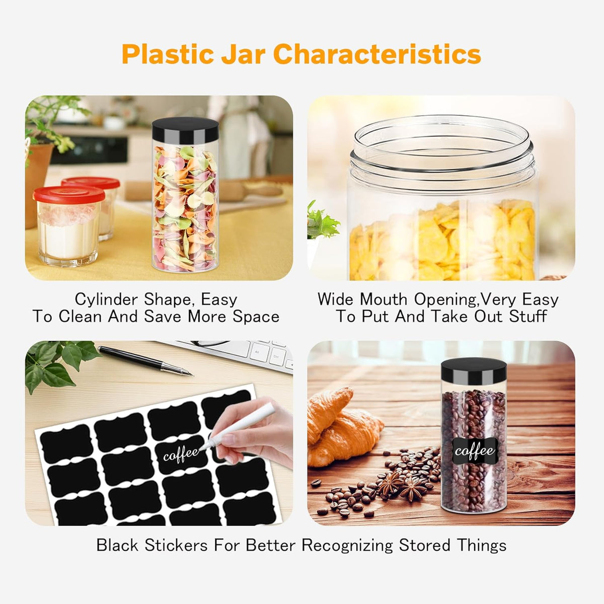 Plastic Jars with Lids 16OZ 16PCS Small Empty Slime Cosmetics Containers Clear Gift Food Jars Round PET Cream Jars with Black Lids Pen Labels for Kitchen Storage Spices Dry Food Butter