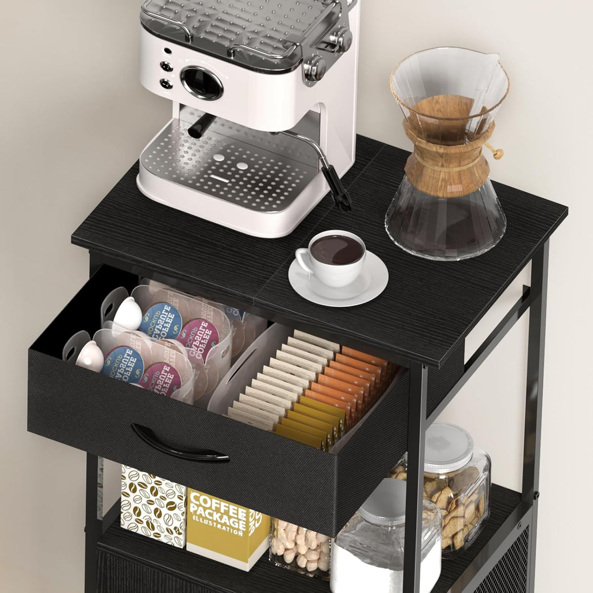 4-Tier Small Coffee Bar with Storage,Kitchen Stand,Farmhouse-Style Coffee Bar with Storage Featuring 2-Door Cabinet for Living Room,Kitchen (Black)