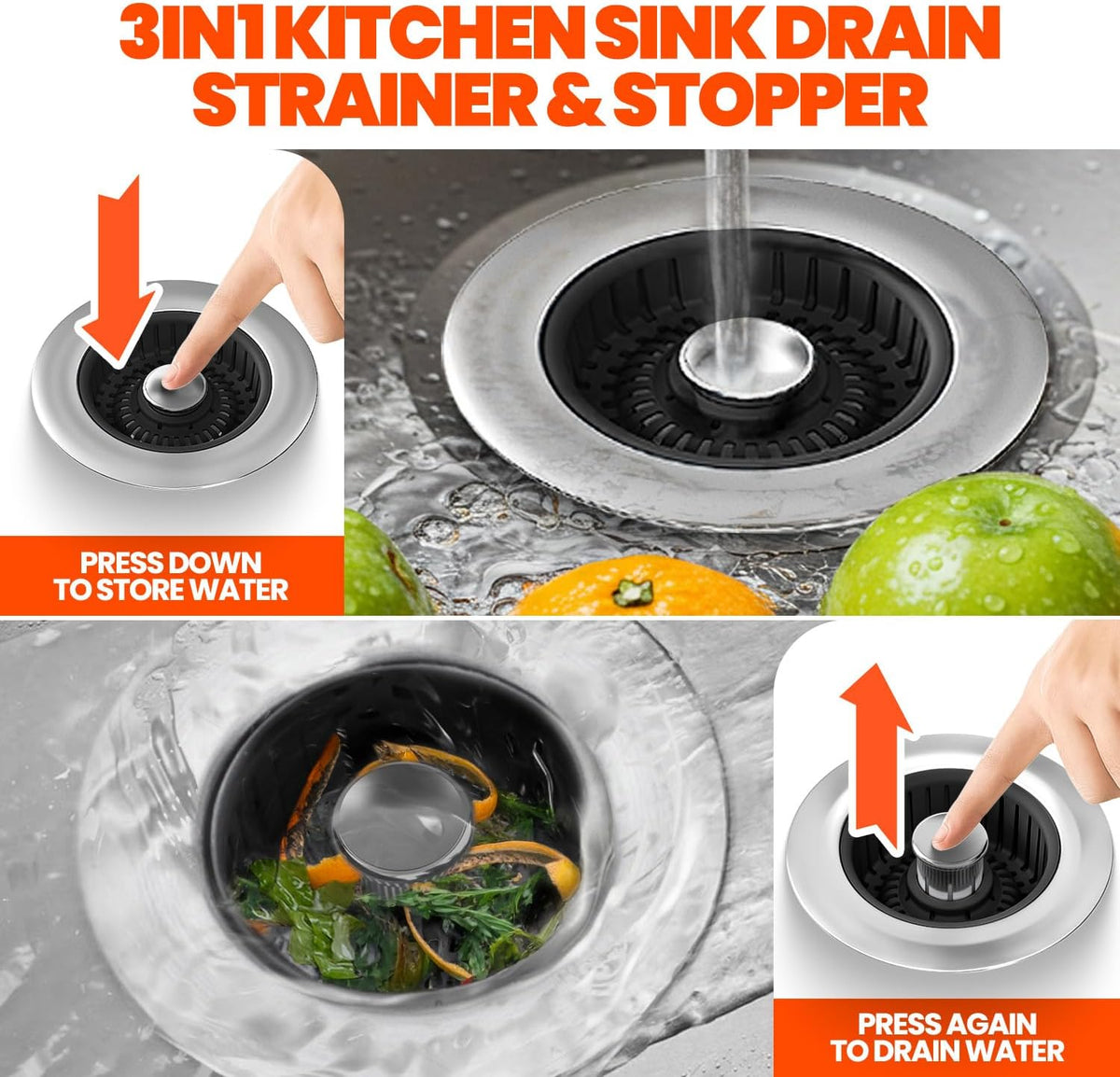 3 in 1 Kitchen Sink Drain Strainer & Sink Stopper Upgraded Stainless Steel Drain Plug with Anti-Clog Basket Drain Stopper Combo, Pop Up Sink Stopper for Standard 3-1/2''