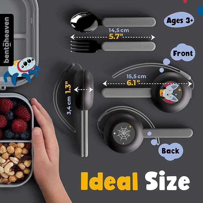 Bentoheaven Kids Travel Utensils with Case, Food-Grade Stainless Steel & BPA-Free Plastic, Travel Kid Cutlery Set, Dishwasher Safe Fork, Spoon & Case, Reusable Flatware, Silverware for Kids (Vampire)