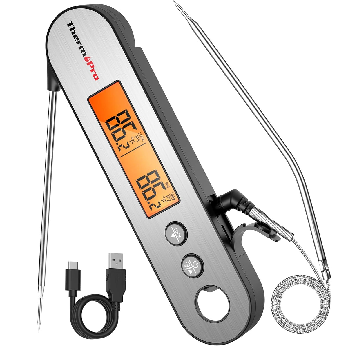 ThermoPro TP610 Digital Meat Thermometer for Cooking, Rechargeable Instant Read Food Thermometer with Rotating LCD Screen, Waterproof Cooking Thermometer with Alarm for Grilling, Smoker, BBQ, Oven
