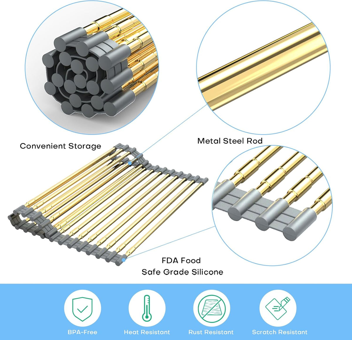Expandable Large Draining Rack, Roll Up Heat-Resistant Dish Drainer for Stainless Steel Sinks, Collapsible Over The Sink Rack Non-Slip Silicone Rolling Up Rack Gold 18 Tube