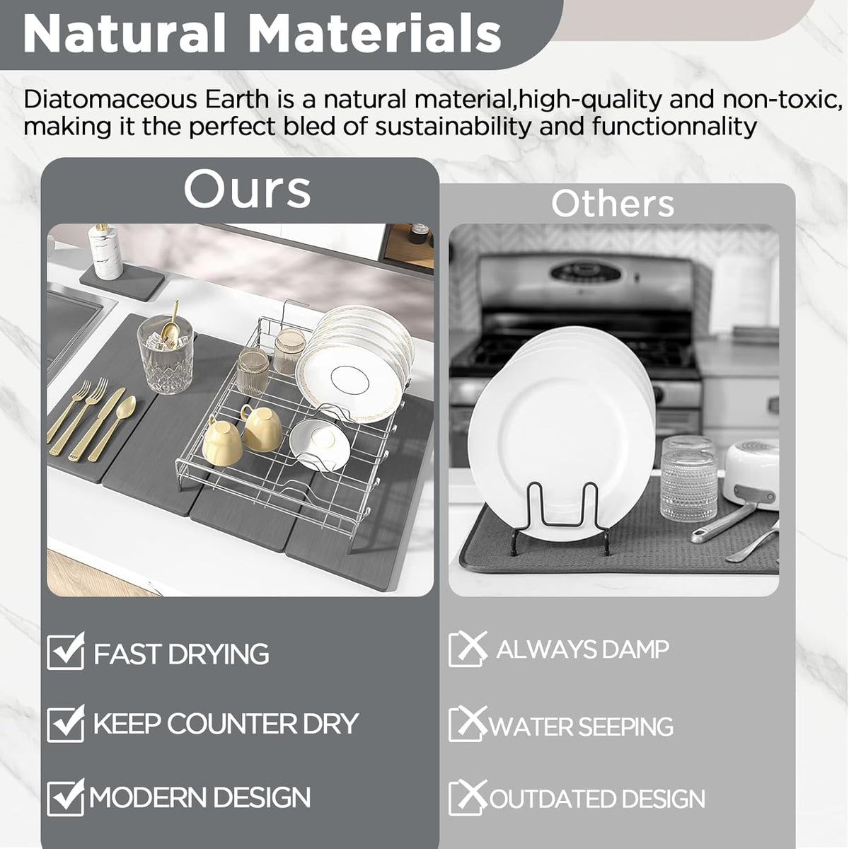 2PCS Stone Drying Mat for Kitchen Counter, Stone Dish Drying Mat - Diatomite Water Absorbing Drying Stone for Kitchen Counter Mat, Quick Dry Stone Mat Kitchen for Cups Dishes Bottles.
