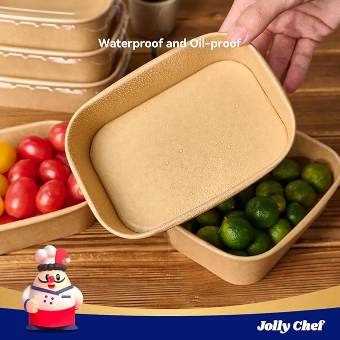 JOLLY CHEF 25 oz 50 Pack Paper Meal Prep Containers with Lids, Rectangular Disposable Food Containers, Brown Paper Bowls with Lids for Thanksgiving, Christmas, Parties