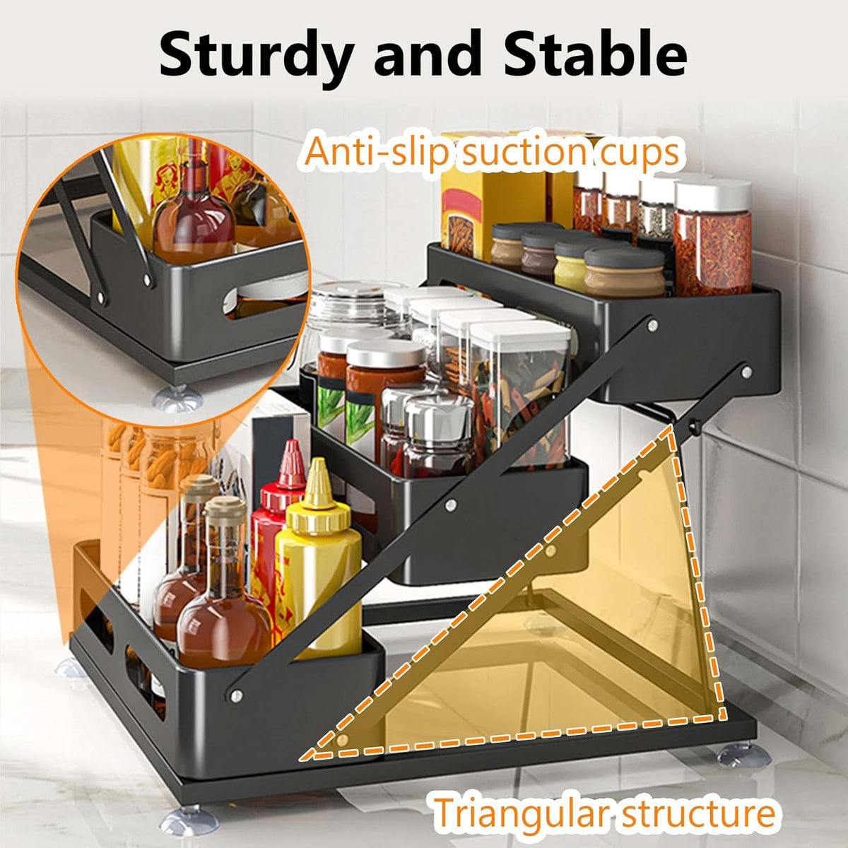 3 Tier Foldable Spice Rack for Countertop Iron Kitchen Seasoning Organizer for Cabinet, Black