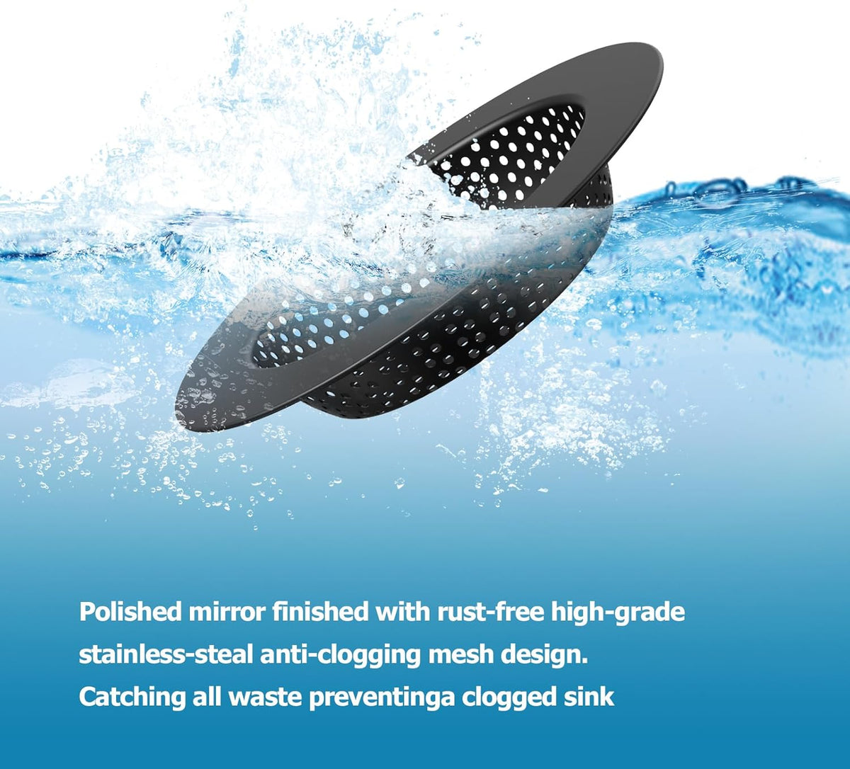 Black Kitchen Sink Drain Strainer, Sink Drain Cover, Food Catcher, Large Wide Rim 4.5" Diameter, Stainless Steel, Pack of 2