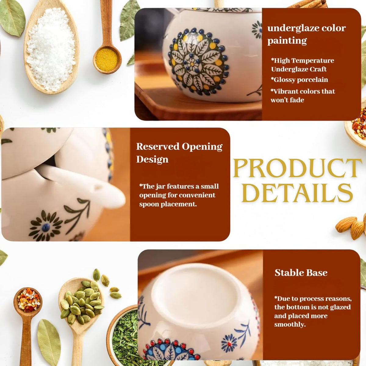 13.5 Oz Salt Cellar With Lid and Spoon (Red)- Ceramic Chicken Spice Jars for Salt, Sugar, Pepper - Spice Containers for Countertop
