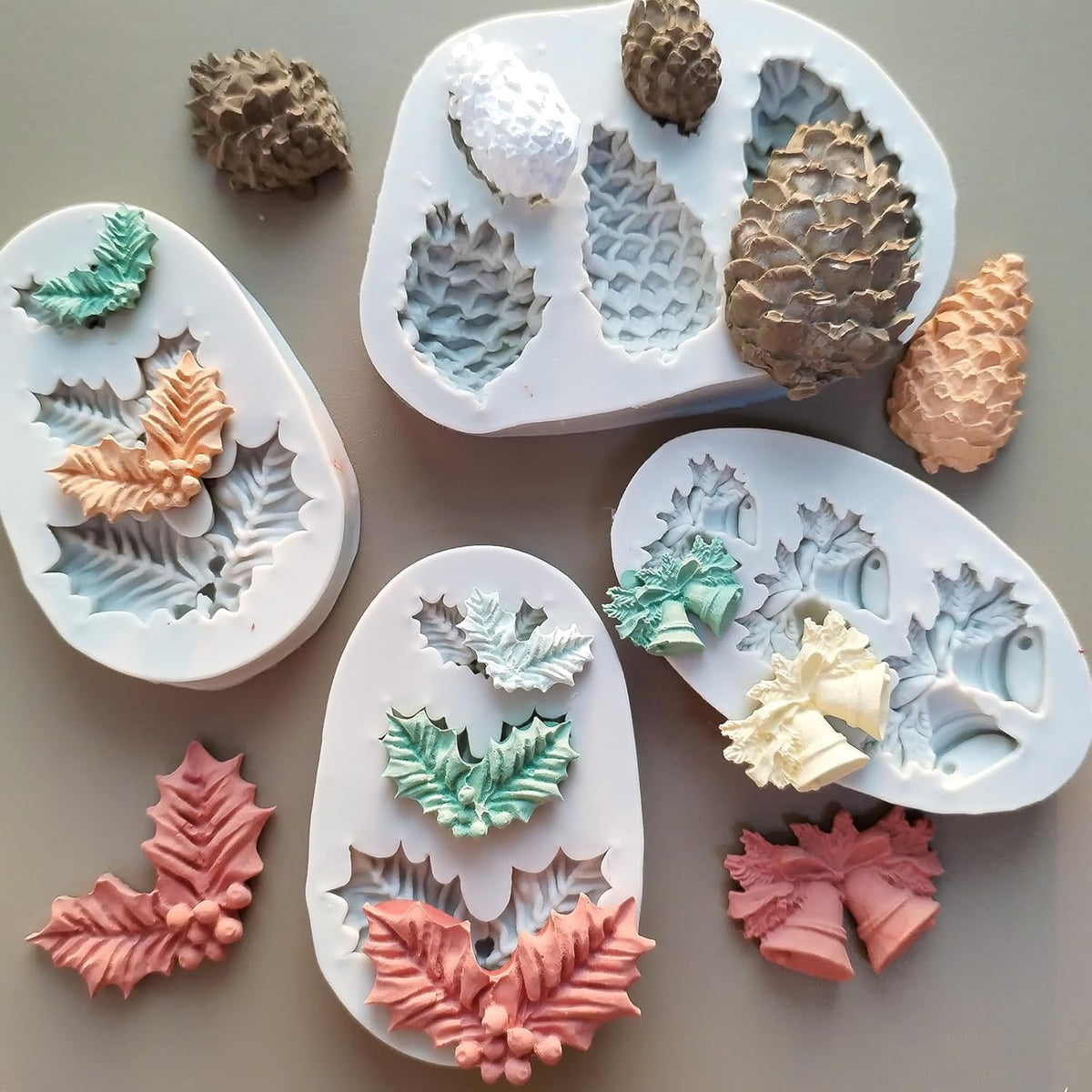 4PCS Christmas Fondant Molds, Christmas Holly Leaves Bells Pinecone Silicone Chocolate Molds, Unique Shape Cake Pop Candy Gummy Molds for Baking, DIY Holiday Dessert Polymer Clay Candle Craft