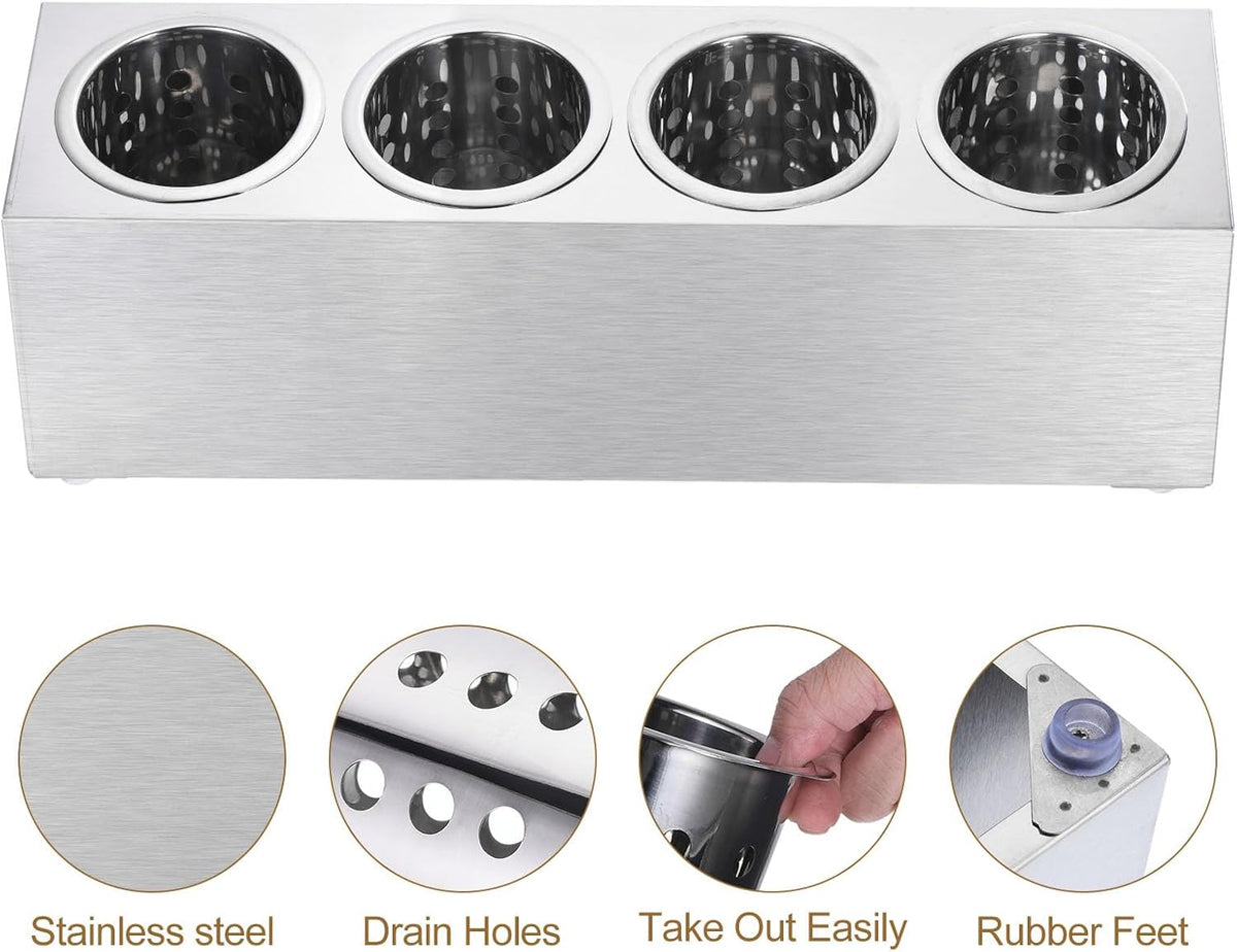 uxcell Commercial Utensil Holder, Stainless Steel Cylinder Flatware Silverware Utensil Holder Caddy Drying Rack Countertop Silverware Organizer (4 Holes)