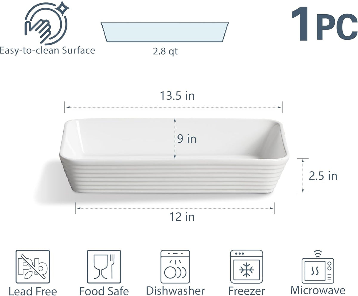 ONEMORE Ceramic Baking Dish, 9x13 Baking Pan Casserole Dish Large Rectangular Baking Dishes for Oven Deep Dish Lasagna Pan for Family Meals Ribbed White Bakeware for Roasting & Serving
