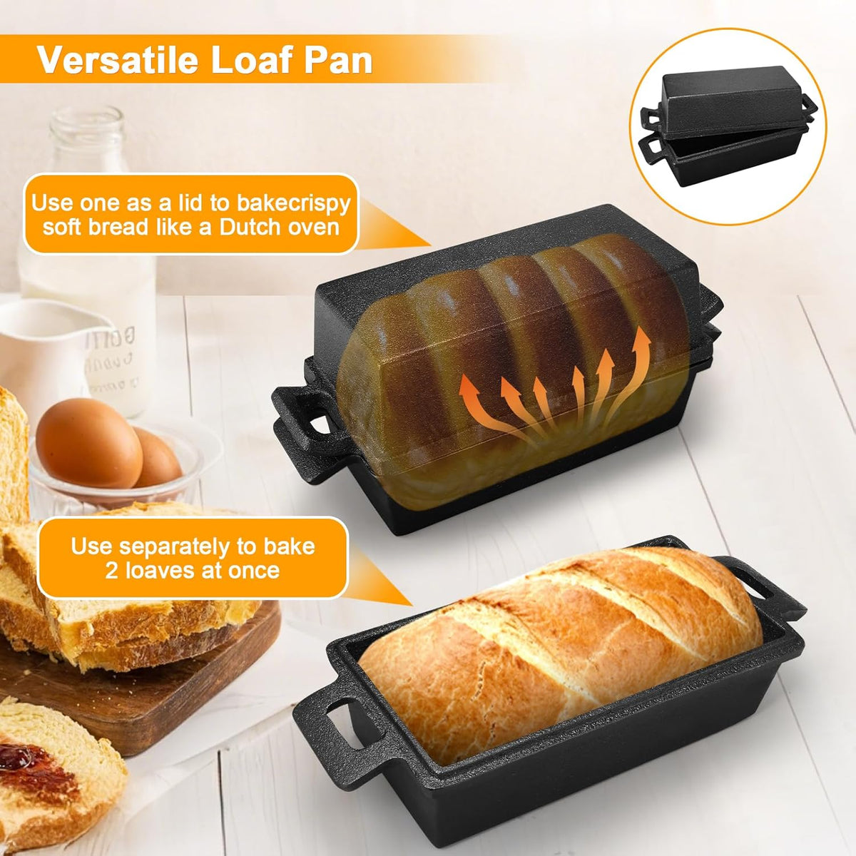 2 Piece SetCast Iron Loaf Pan,Bread Pans for Homemade Bread with Lid Homemade Sourdough and Meatloaf, Bread Oven Cast Iron Cookware
