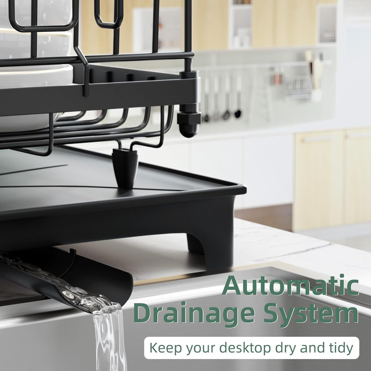 Dish Drying Rack, Drying Rack with Automatic Drainboard, Dish Racks for Kitchen Counter, Rustproof Dish Drainer with Removable Utensil Holder, Cups Holder,Black