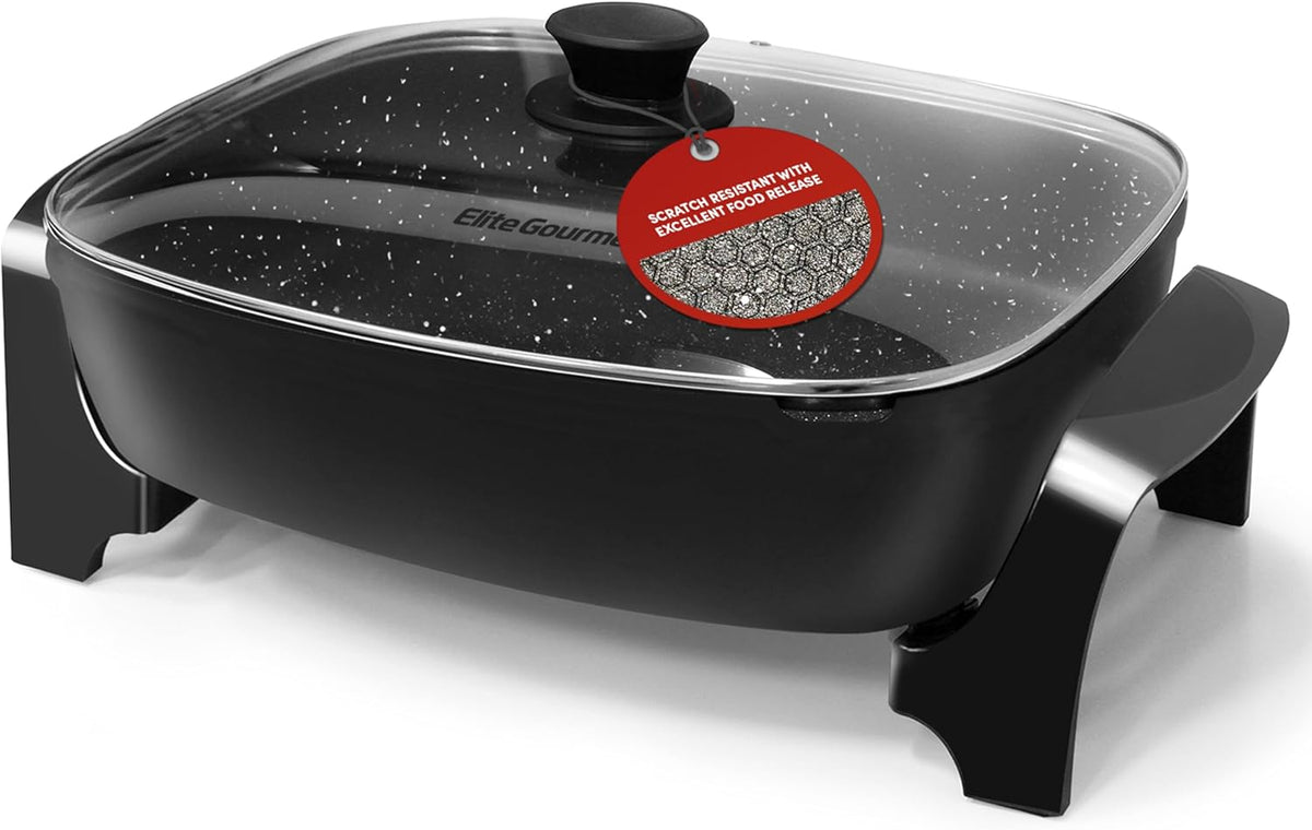 Elite Gourmet EG6203 Extra Deep 16"x13"x3.2" (10.5Qt.) Scratch Resistant, Easy Pour Spout, Dishwasher Safe, Non-stick Electric Skillet with Vented Glass Lid, Adjustable Temperature, Black